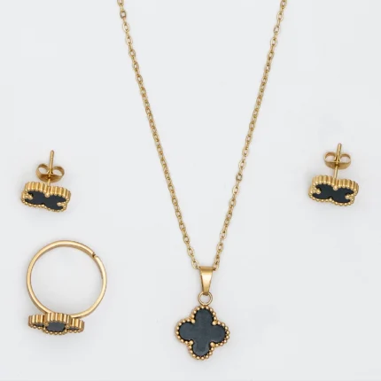 1 Karat Gold Plated Black Clover Jewelry Set