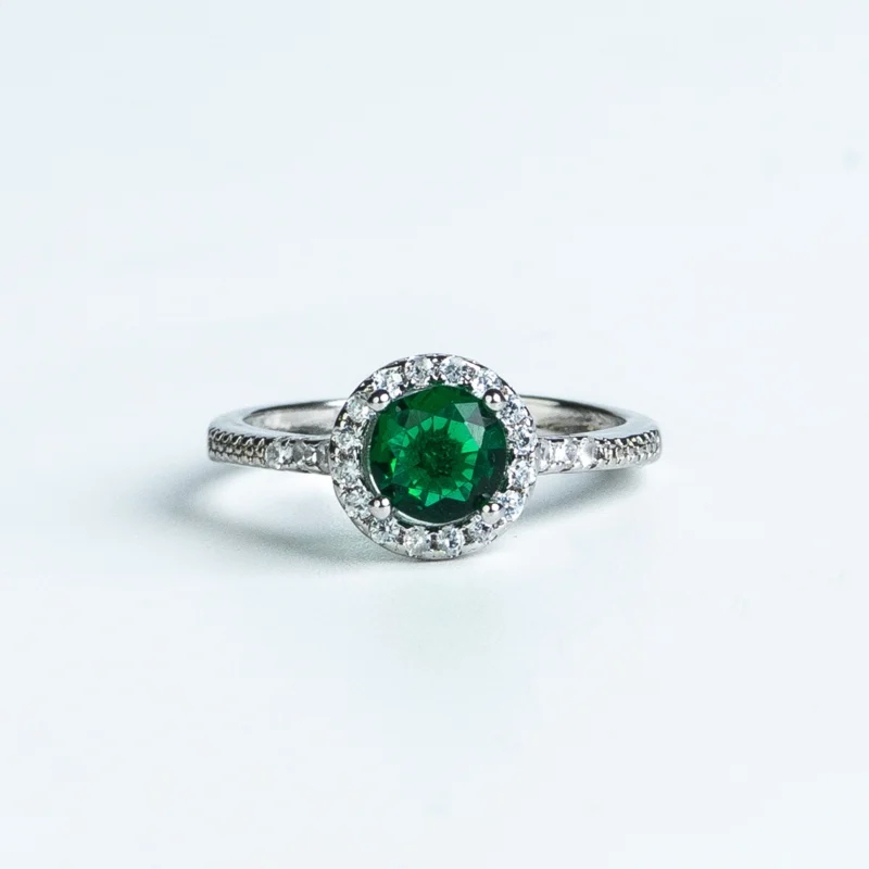 Emerald Green Halo Silver Ring
