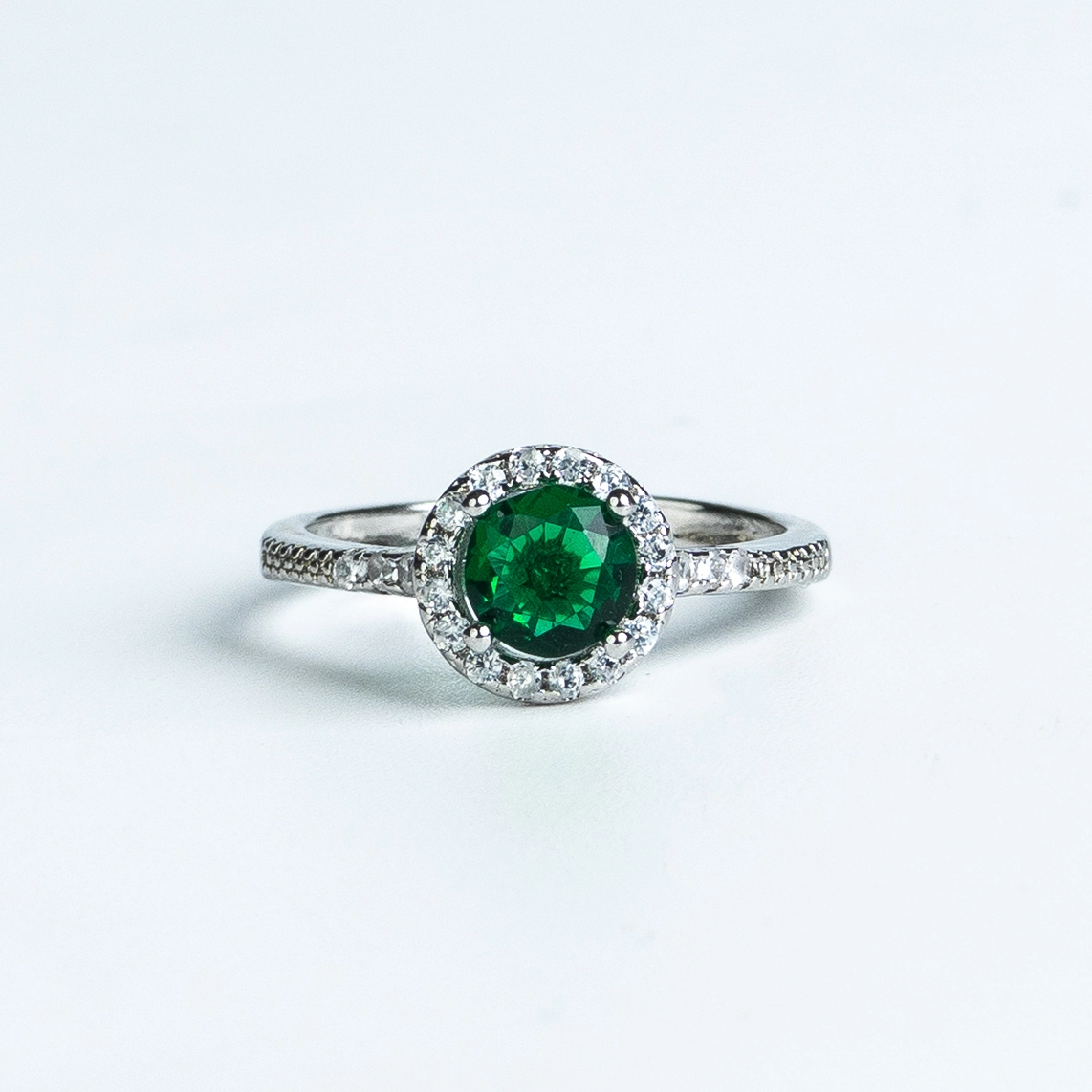 Emerald Green Halo Silver Ring